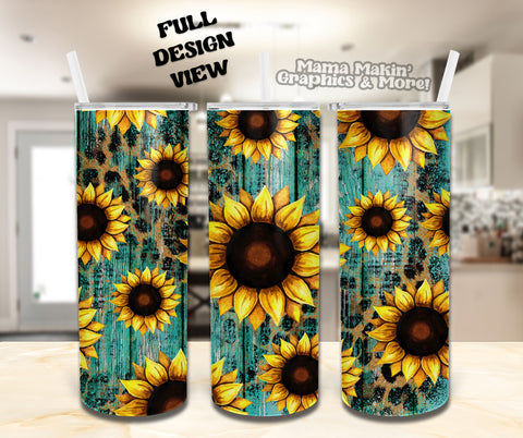 Teal Leopard Sunflowers Tumbler 20oz.