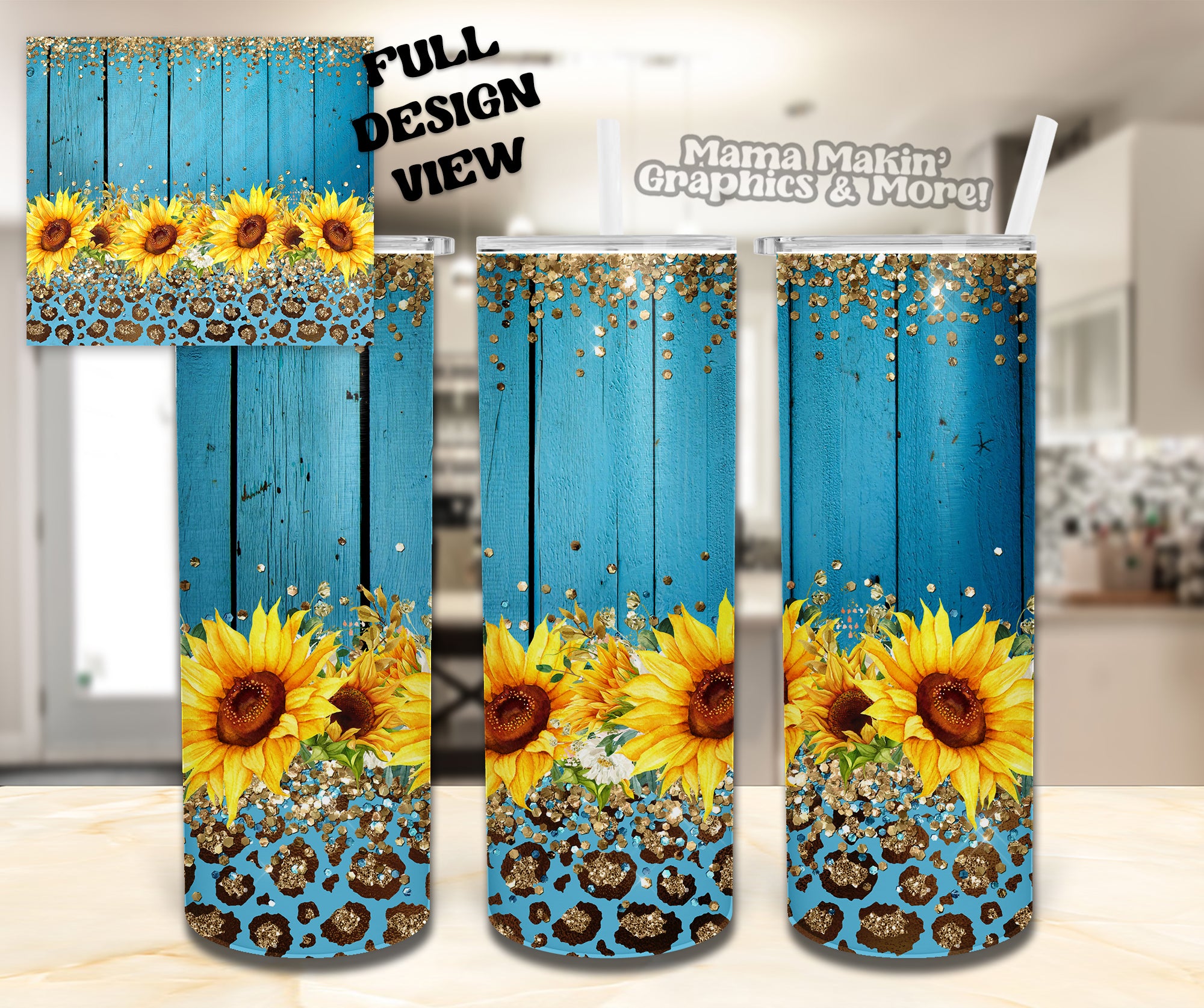 Blue Wooden Sunflowers Tumbler 20oz.